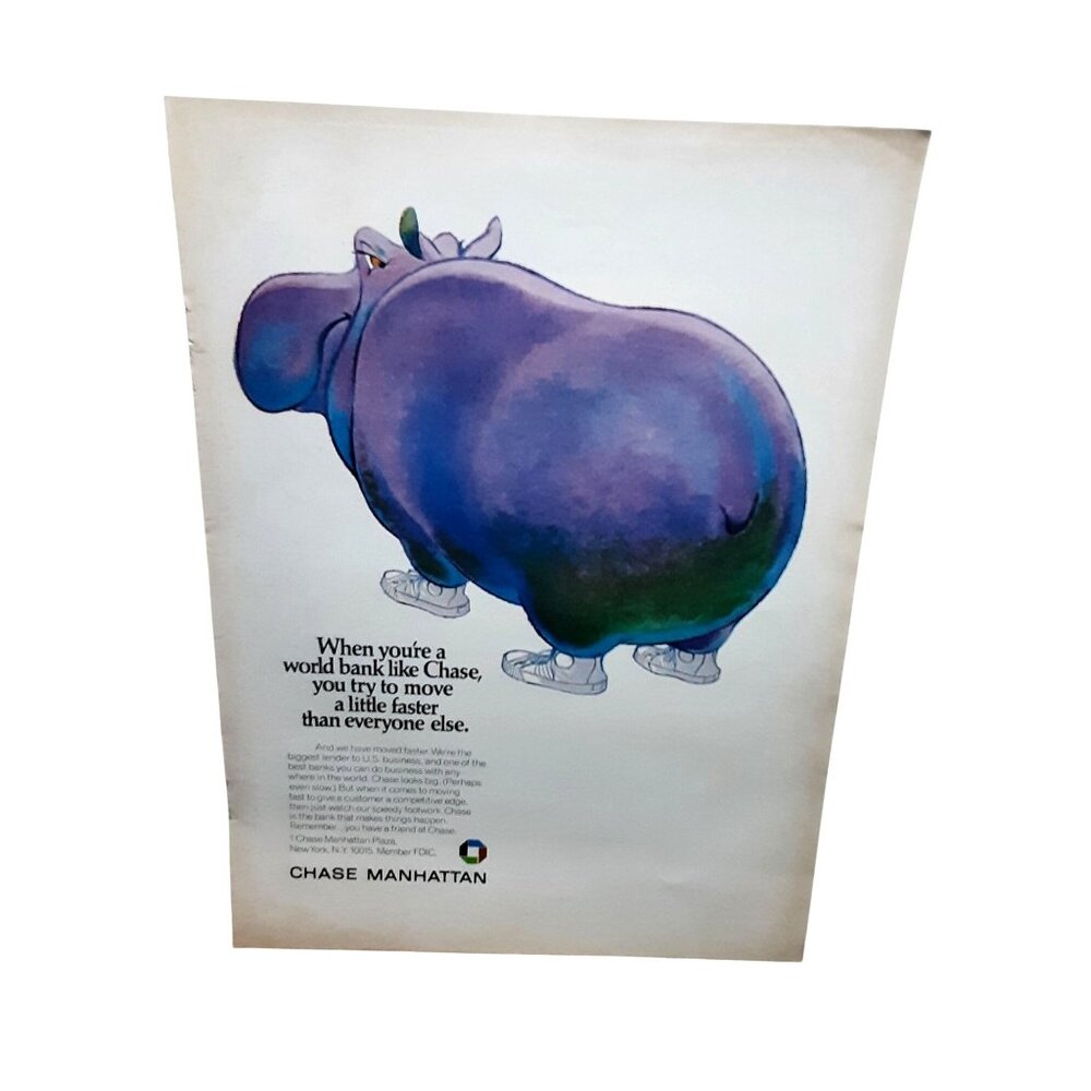 1970 Chase Manhattan Bank Hippo Print Ad Vintage Banking Advertising